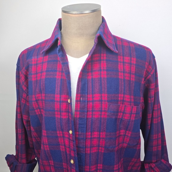 Vtg-Pendleton Flannel Shirt Mens Large Red Blue Plaid Wool Button-Up Long Sleeve - Picture 2 of 9